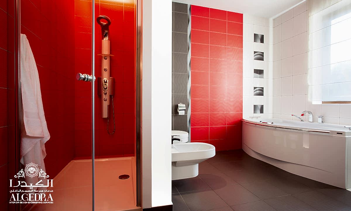 bold red with a grey floor bathroom